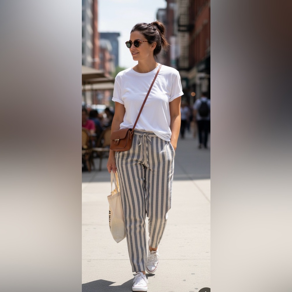 Twin-Set Gray and White Striped Cropped Pants, Italy 44, US 8, Like New